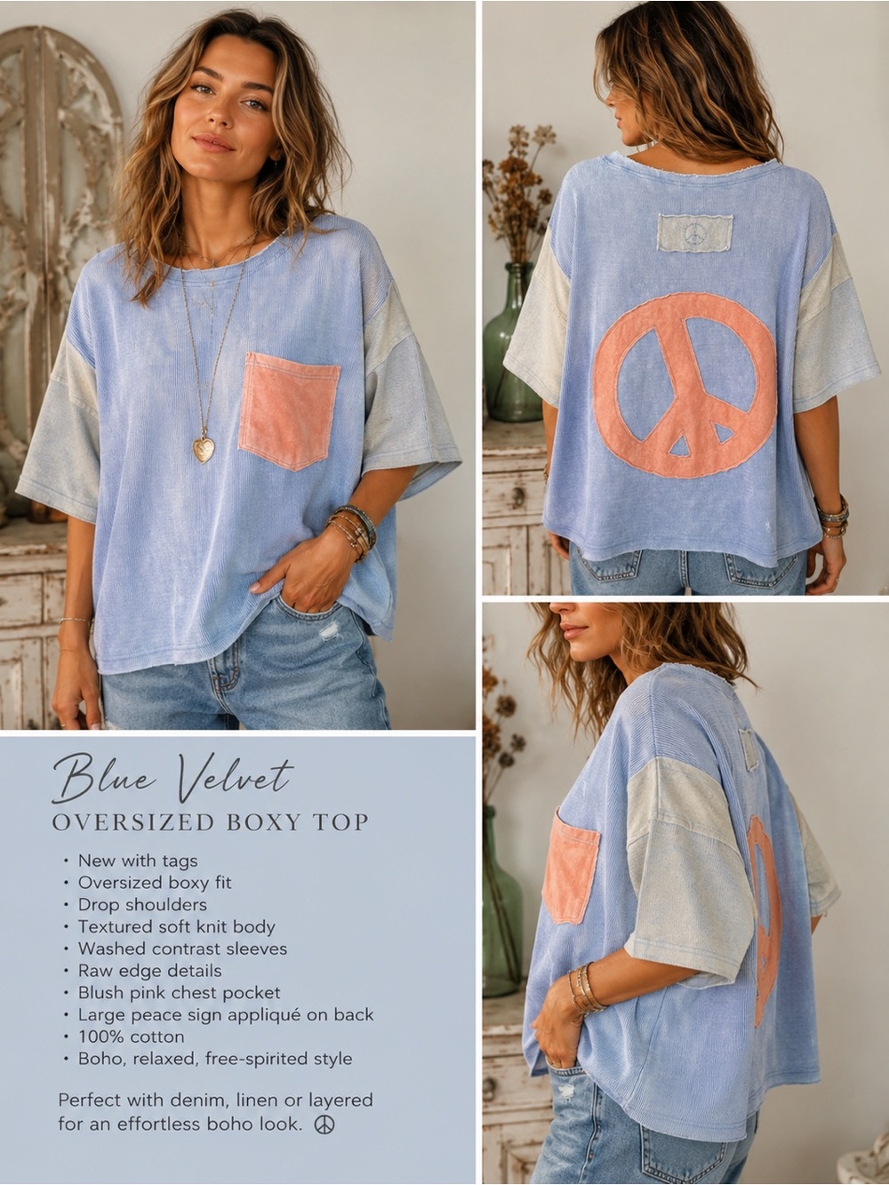 Blue Velvet NWT  Oversized Peace Sign Patch Top